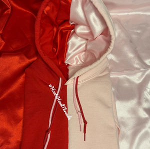 Split Satin Lined Hoodie: Red and Soft Pink